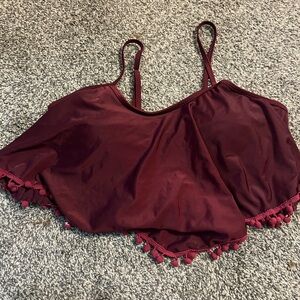 Burgundy Pom-Pom Trim Swim Top